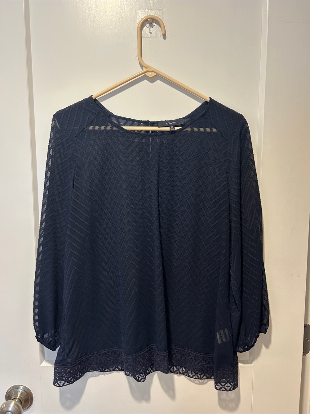 Eloquii Navy Chevron-Textured Lace Hem Blouse